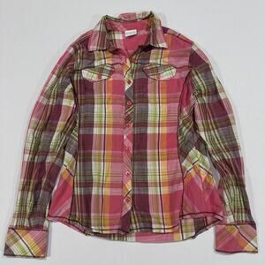 Columbia Shirt Women Size S Pink Green Yellow Plaid Button Up Long Sleeve Cotton
